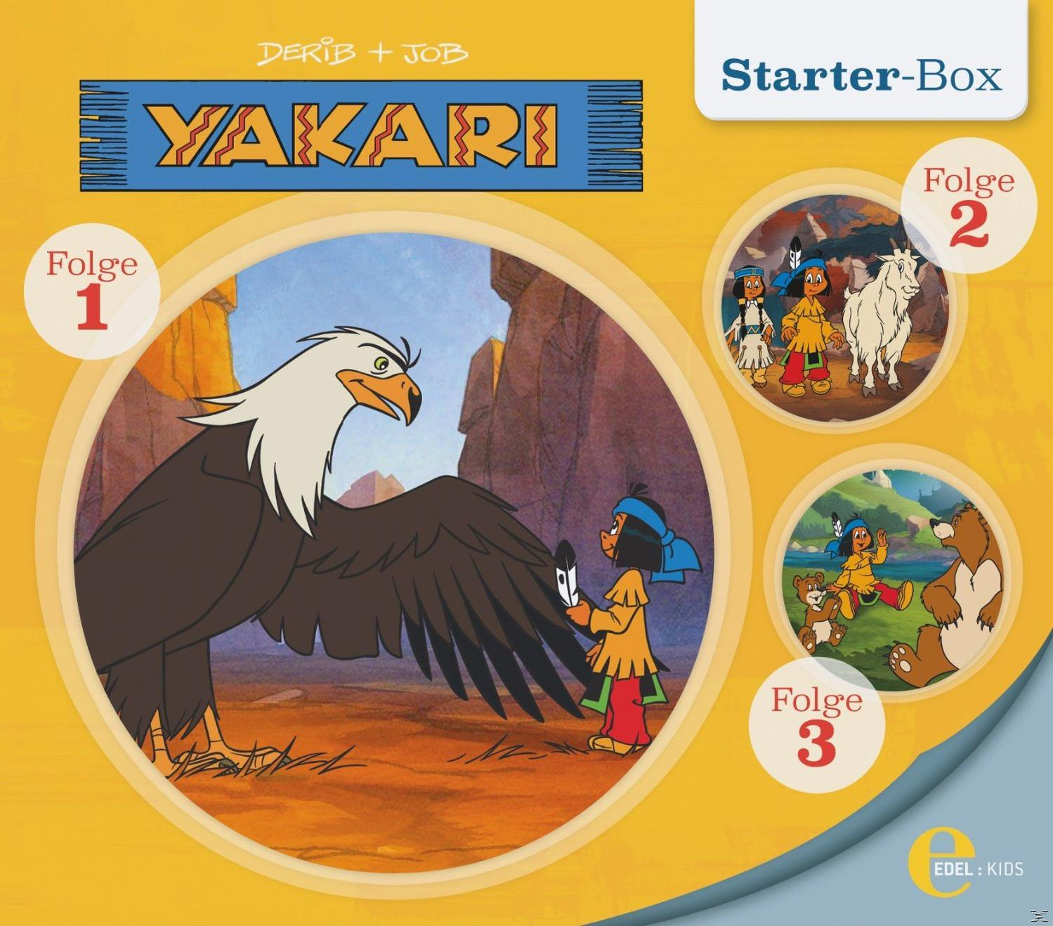 Cartoon-DVD-Cover mit Yakari, einem Adler und anderen Figuren. Titel: Yakari Starter-Box.