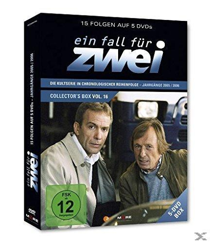 DVD-Box-Set, „Ein Fall Für Zwei“. Zwei Männer vor einem Auto. Text auf Deutsch und die FSK-Bewertung.