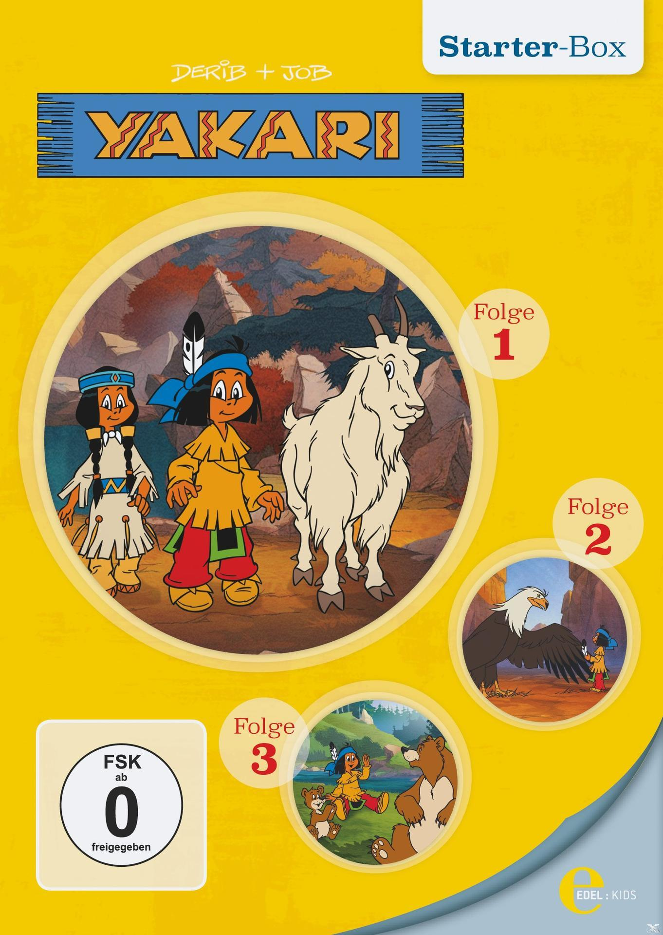 Yakari DVD-Cover. Zeichentrickfiguren und Tiere. Heller gelber Hintergrund mit Text und Bildern.