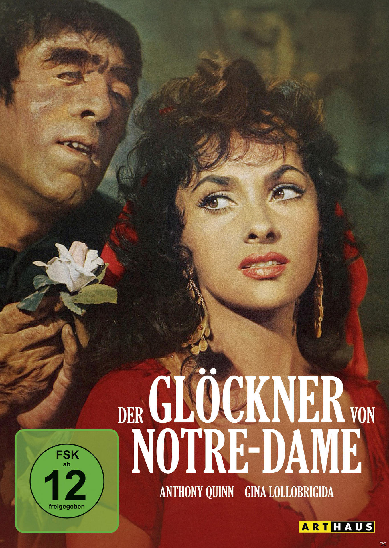 Filmplakat von Der Glöckner von Notre Dame mit Anthony Quinn und Gina Lollobrigida. Dunkel, dramatisch.