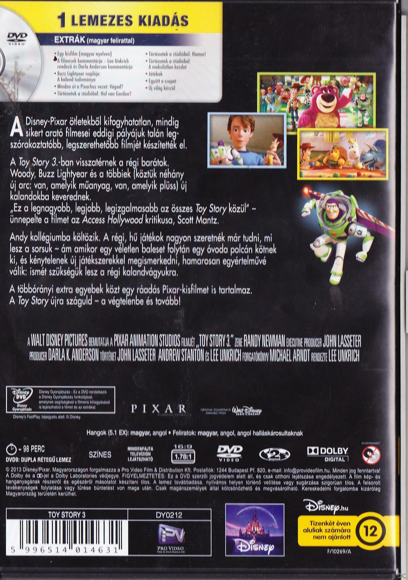 A Toy Story 3 DVD hátlapja. Képek a filmből, szöveg több nyelven. Fehér háttér és logók.