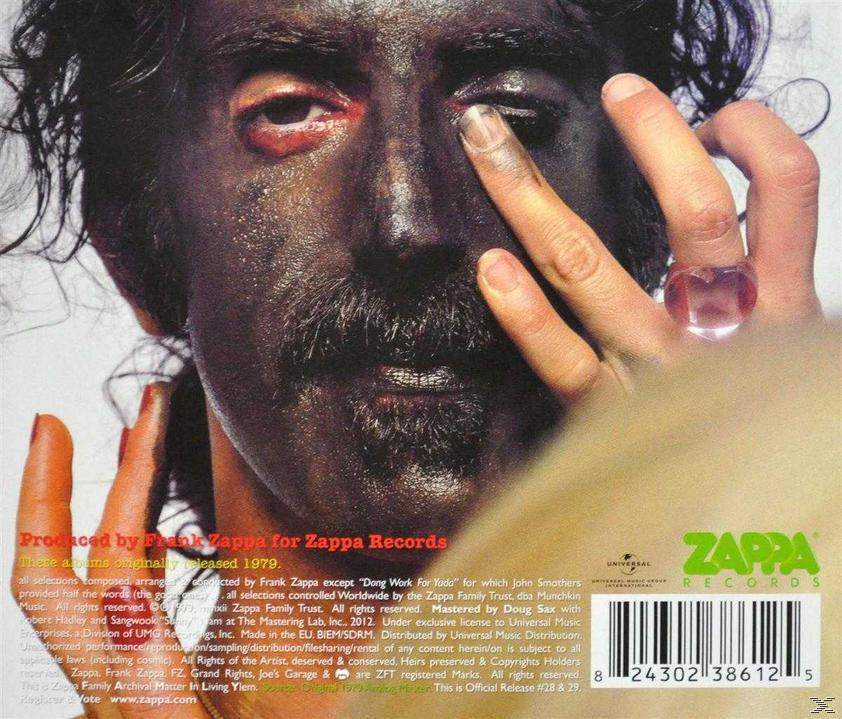 Albumcover eines Mannes mit schwarzer Gesichtsfarbe, der sein Gesicht hält. 'Frank Zappa' ist im Text.