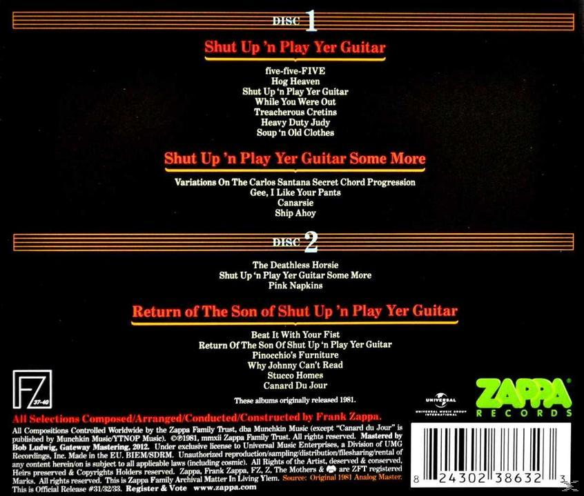 Albumcover mit Titelliste in braun-weißem Design mit dem Zappa Records Logo.