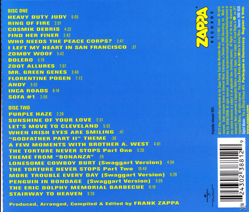 Album-Rückseite mit Titelliste und dem Zappa Records Logo.