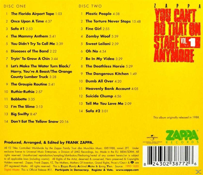 CD-Cover mit einer Liste von Songs und Text mit einem Zappa-Logo.