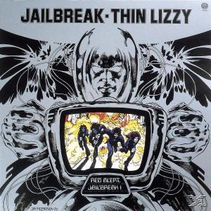 Albumcover für Jailbreak von Thin Lizzy. Enthält einen Retro-TV, der eine Band und ein grafisches Gesicht zeigt.