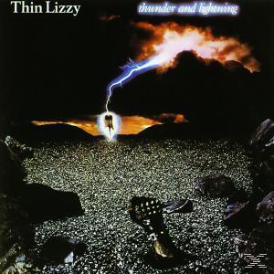 Albumcover für Thin Lizzys 'Thunder and Lightning', mit einer Gitarre und Blitz.