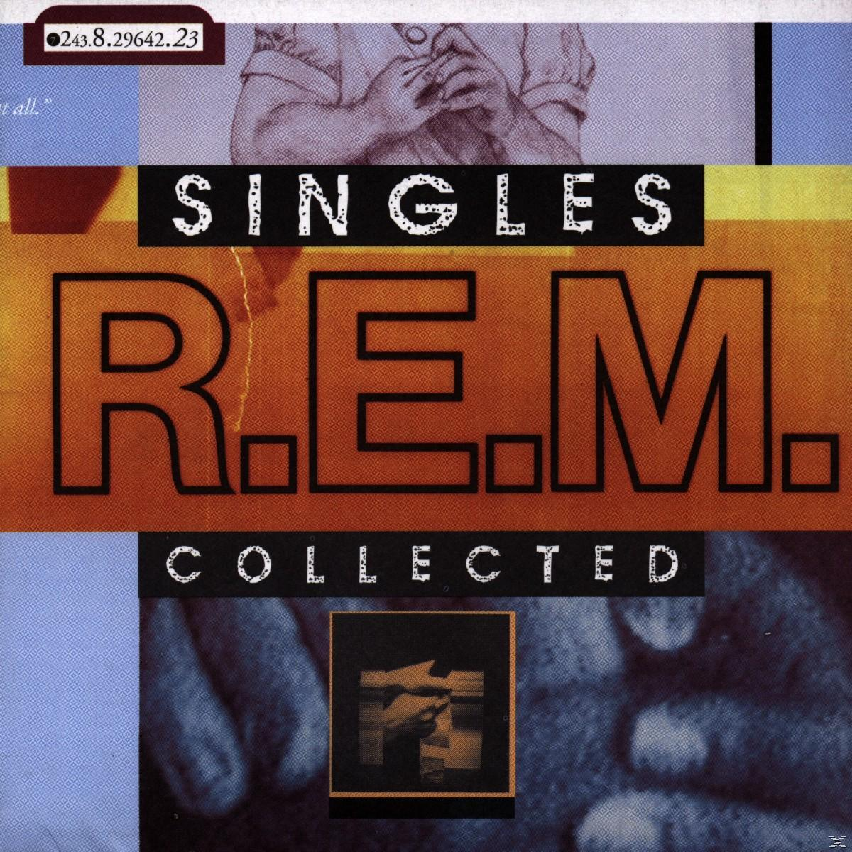 R.E.M. Albumcover mit dem Text 'SINGLES COLLECTED' und einem Bild in der Mitte.