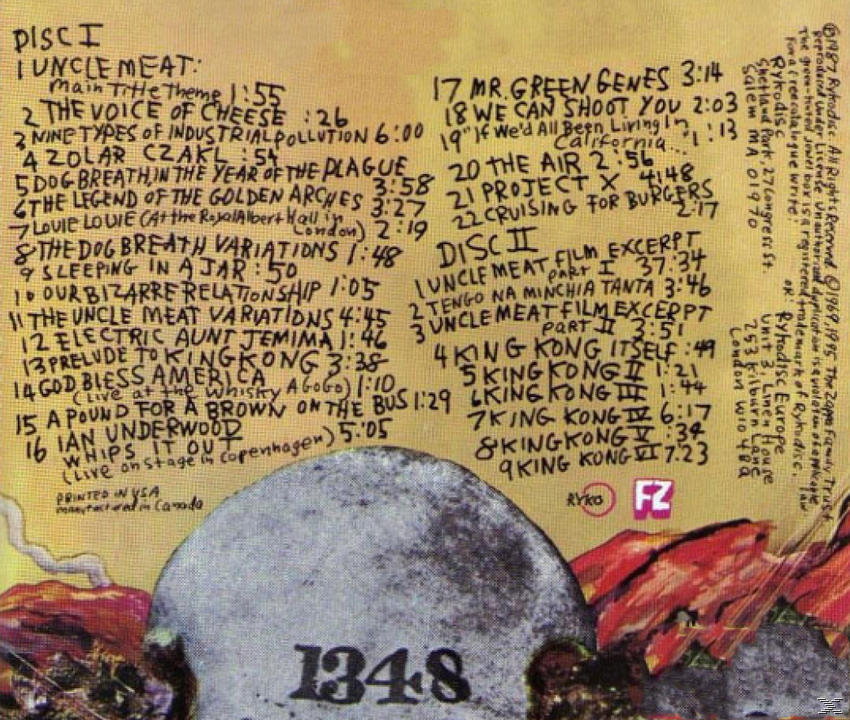 Albumcover, weißer Hintergrund, schwarzer Text: Uncle Meat. Listet Songtitel und Credits auf. Totenkopf-Grafik unten.