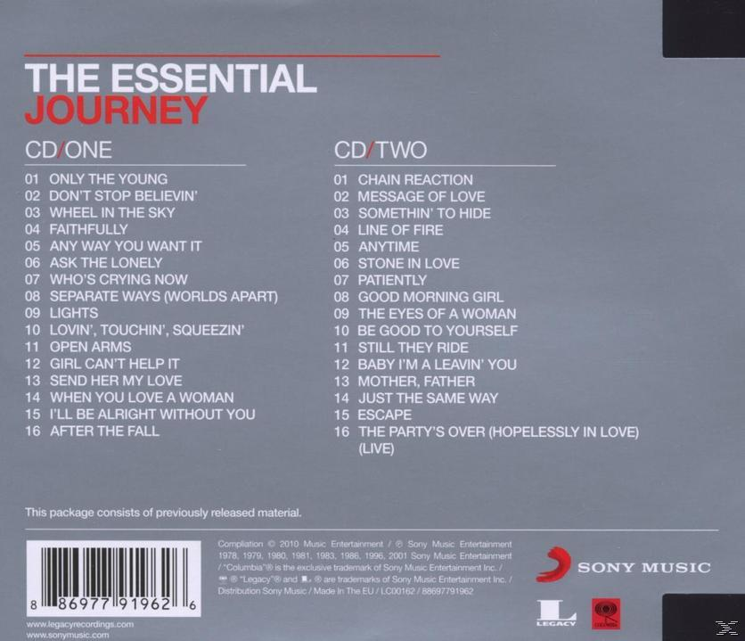 CD-Albumcover mit Titelliste, betitelt 'The Essential Journey', schwarz-weiß.