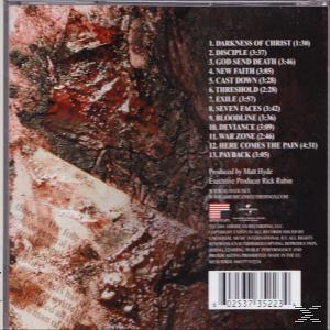 Rückseite einer CD-Hülle mit Songtiteln und Credits. Rotes und braunes Farbschema.