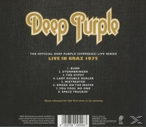 Deep Purple "Live in Graz 1975" CD-Rückseite, Trackliste mit schwarzem Hintergrund, Text und weißem Logo.