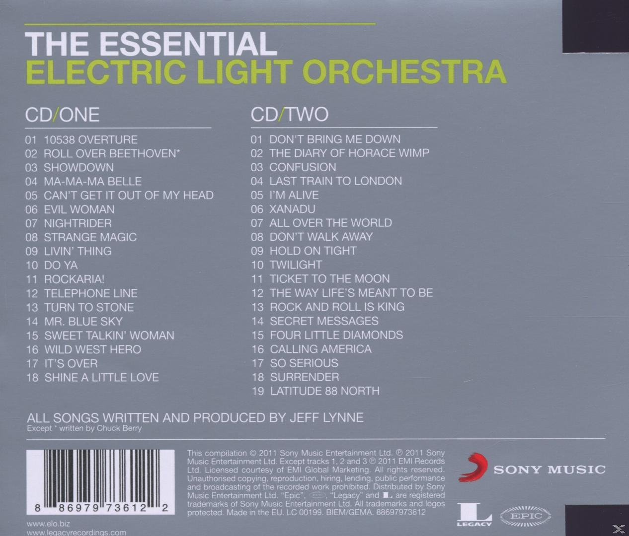 The Essential Electric Light Orchestra cd-hoes. Tekst en songlijst, blauwe en groene achtergrond.