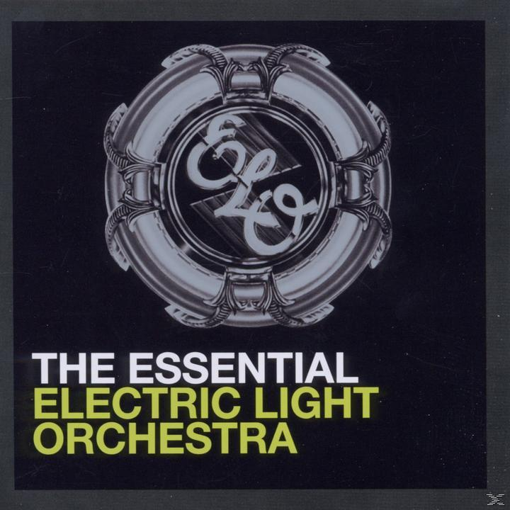 Albumhoes: ELO-logo. Titel: The Essential Electric Light Orchestra. Zwarte achtergrond.
