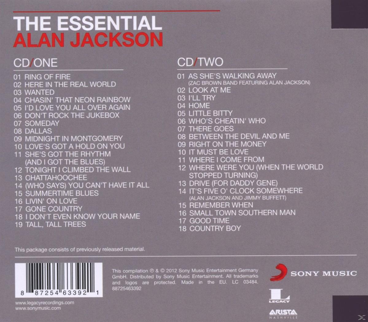 CD-Rückseite mit Songliste 'The Essential Alan Jackson'. Enthält Songtitel und Copyright-Informationen.
