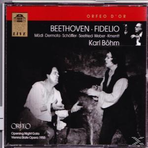 CD-Cover mit Beethovens Fidelio. Es hat ein rotes und schwarzes Thema mit Bildern von Darstellern und Text, der die Oper beschreibt.