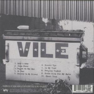 Album-Rückseite. Ein Müllcontainer mit dem Wort VILE und Titeln.