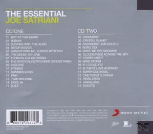 CD-Cover von Joe Satriani's 'The Essential'. Eine Liste der Songs befindet sich auf der linken und rechten Seite.