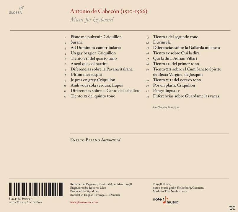 CD-Cover mit Titelliste für Klaviermusik von Antonio de Cabezón und Enrico Balano.