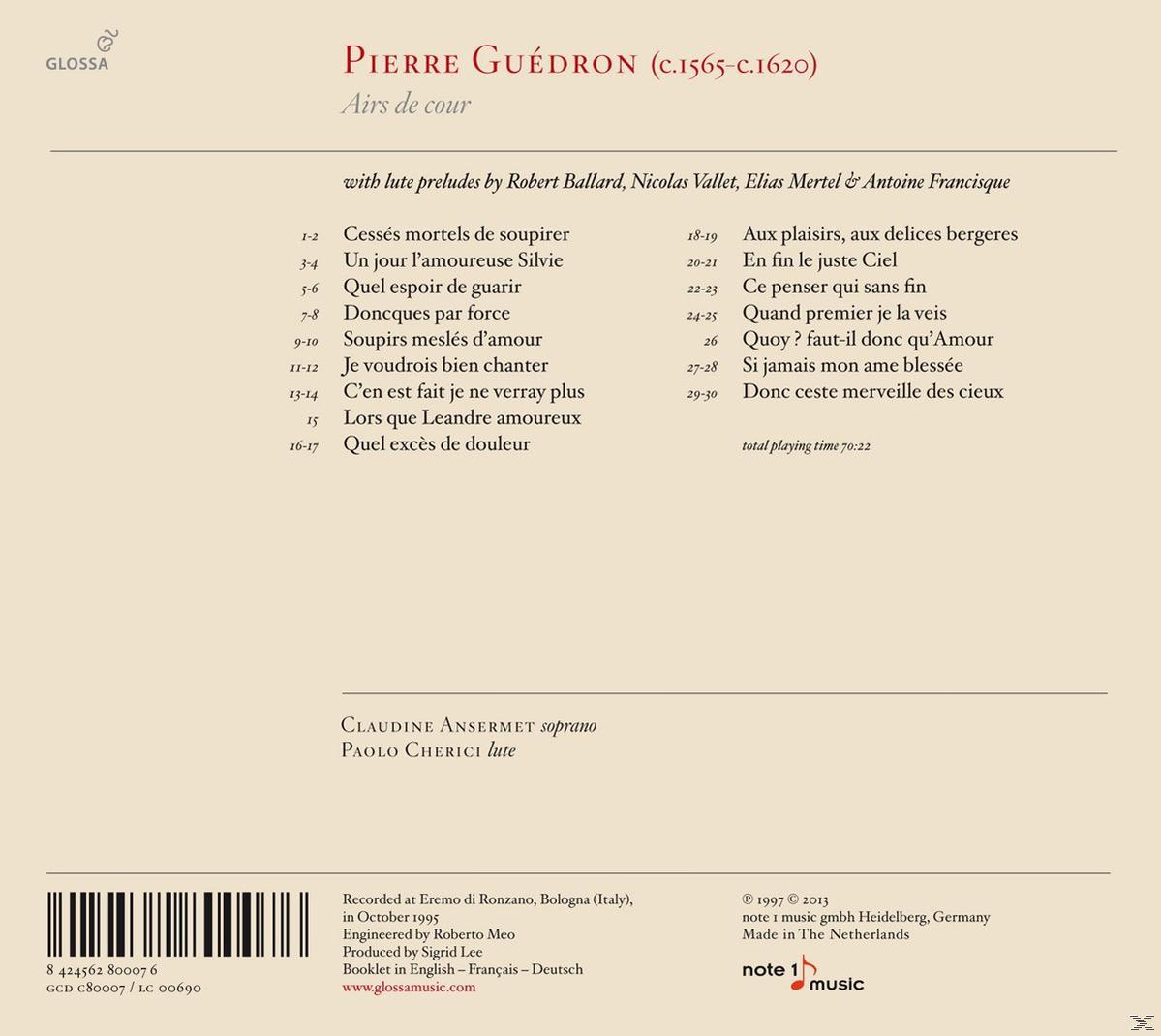Noten mit französischem Text und einer Titelliste. Titel: Pierre Guédron.