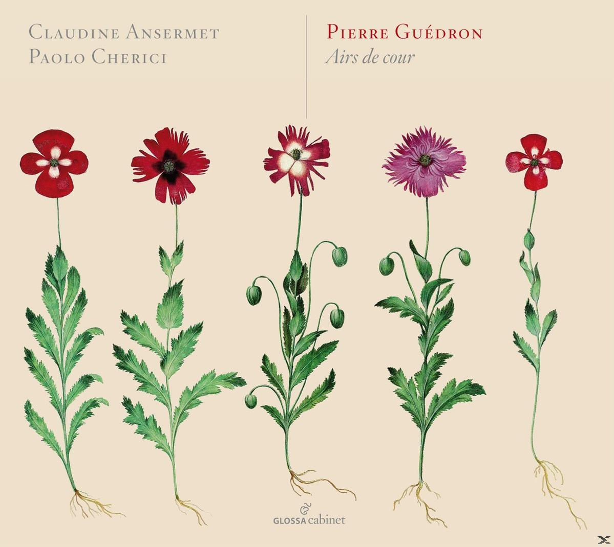 Albumcover mit fünf stilisierten Blumen in einer Reihe. Text: Claudine Anserment, Pierre Guédron, Airs de cour.