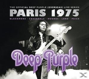 Deep Purple Albumcover, Paris 1975. Musiker mit Gitarre, lila Text.