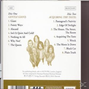CD-Rückseite mit Bandfoto und Songtiteln: Gentle Giant, Acquiring The Taste und mehr.