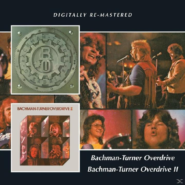 Eine Zusammenstellung von Bildern von Bachman-Turner Overdrive-Alben und Bandmitgliedern mit Bandlogo.