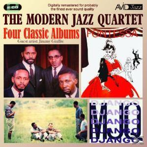Albumcover: The Modern Jazz Quartet. Enthält Gruppenfoto, Illustration und Titelliste. Schwarze, rote und weiße Farben.