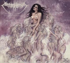 Albumcover-Kunst. Eine nackte Frau ist von anderen nackten Frauen umgeben. Dunkler und surrealer Stil.