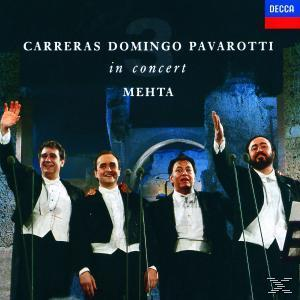 Albumcover mit Carreras, Domingo und Pavarotti im Konzert mit Mehta. Decca-Logo sichtbar.