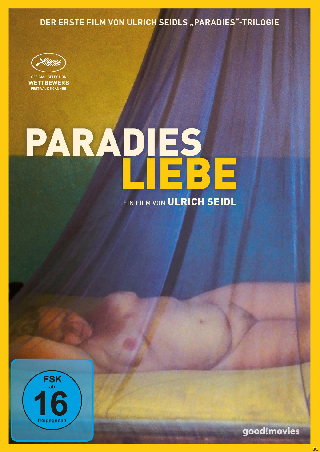 DVD-Cover eines Films mit einer Frau, die auf gelbem Hintergrund liegt und von einem weißen Laken bedeckt ist.