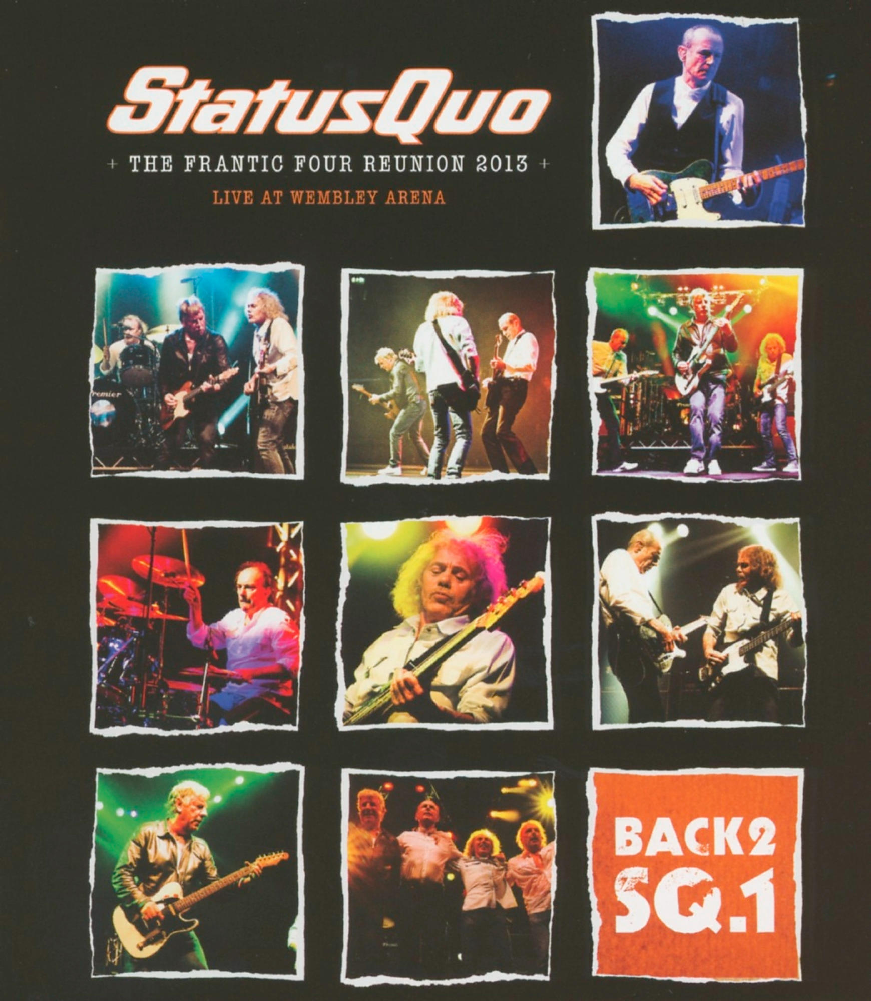 Status Quo Albumcover mit verschiedenen Live-Performance-Aufnahmen und Bandmitgliedern.
