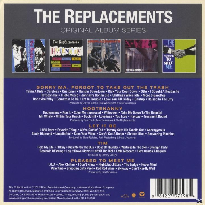 Rückseite des Albums 'The Replacements', Trackliste, Cover-Art und Credits.
