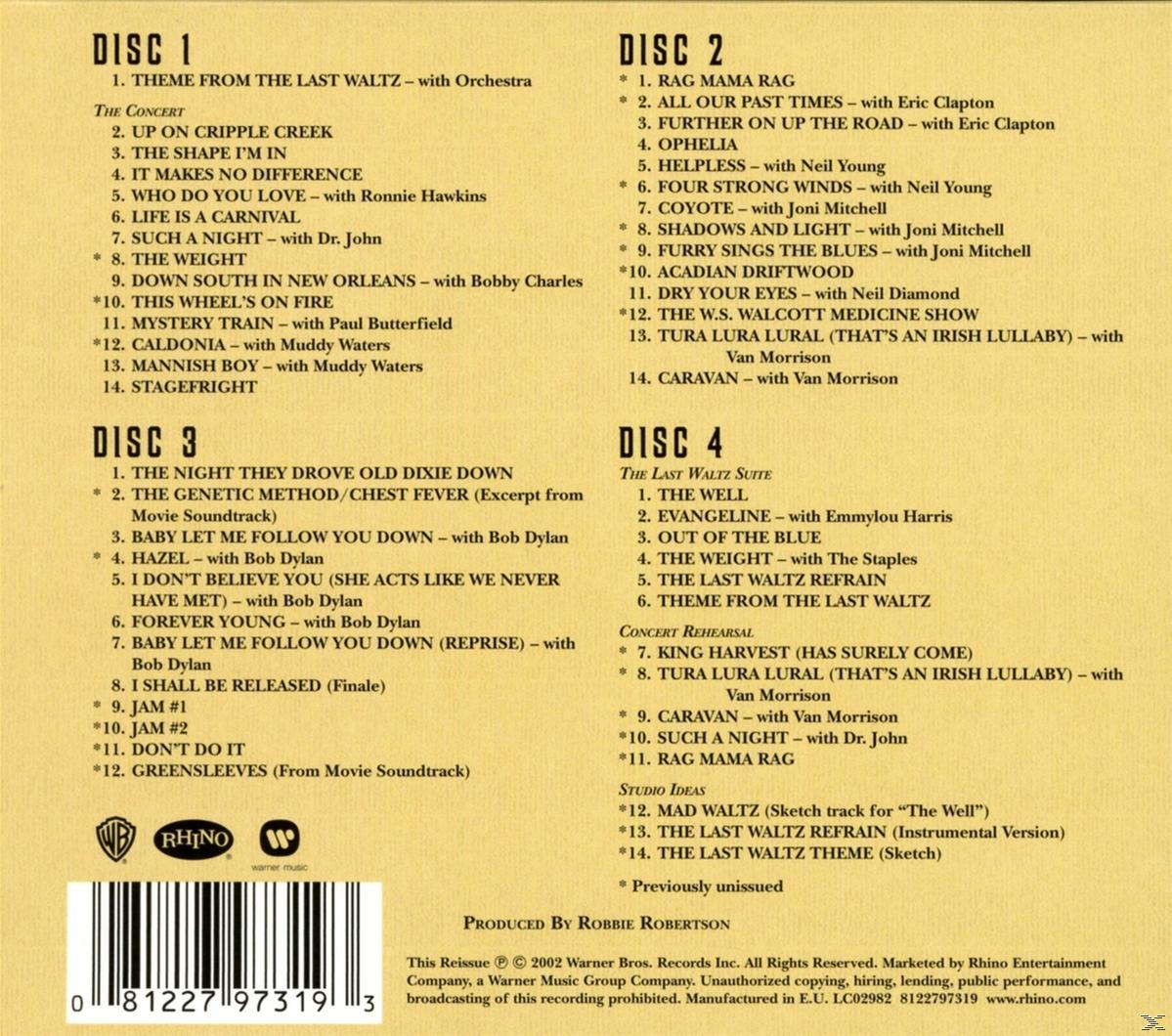Album-Rückseite mit vier Discs, die Songs auflisten. Rhino-Logo ist unten. Text in Englisch.