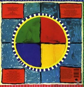 Farbenfrohe abstrakte Kunst auf quadratischer Oberfläche.