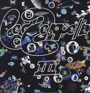 Led Zeppelin Albumcover. Weißer Text und Symbole auf schwarzem Hintergrund. Surreal.