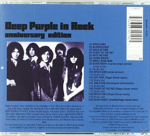 Deep Purple In Rock Album-Rückseite. Bandmitglieder in einer Reihe, Titelliste rechts.