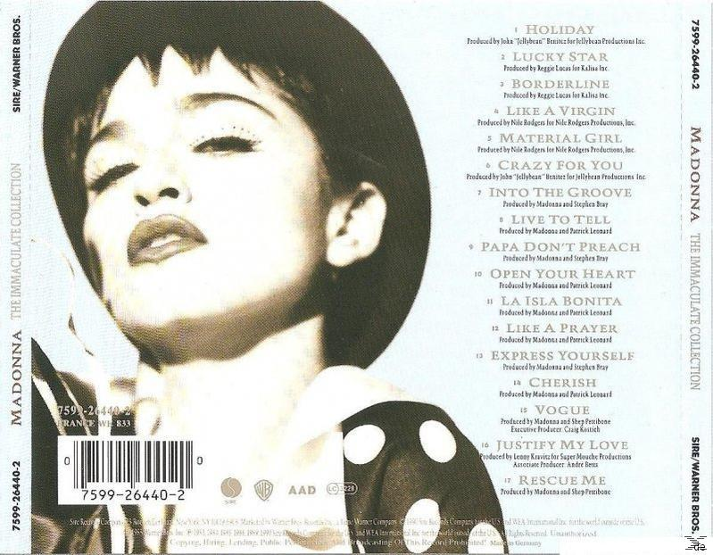 Album-Rückseite: Madonna, Schwarz-Weiß-Foto, Titelliste.
