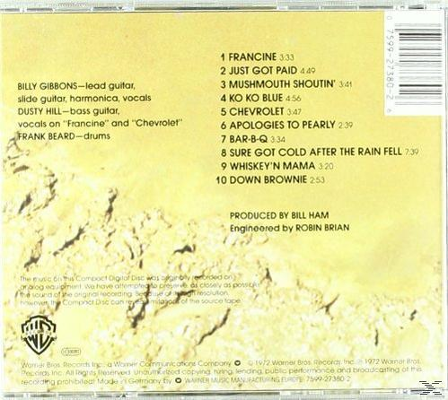 CD-Rückseite mit Titelliste und Credits. Tan-farbener Hintergrund.