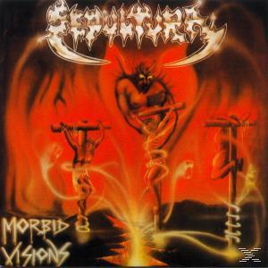 Albumcover von 'Sepultura - Morbid Visions'. Eine Dämonenfigur mit Kreuzen und Flammen.