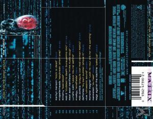 CD-Hülle für The Matrix. Schwarze und blaue Farben, mit einem Bild einer roten Pille. Text- und Designelemente vorhanden.