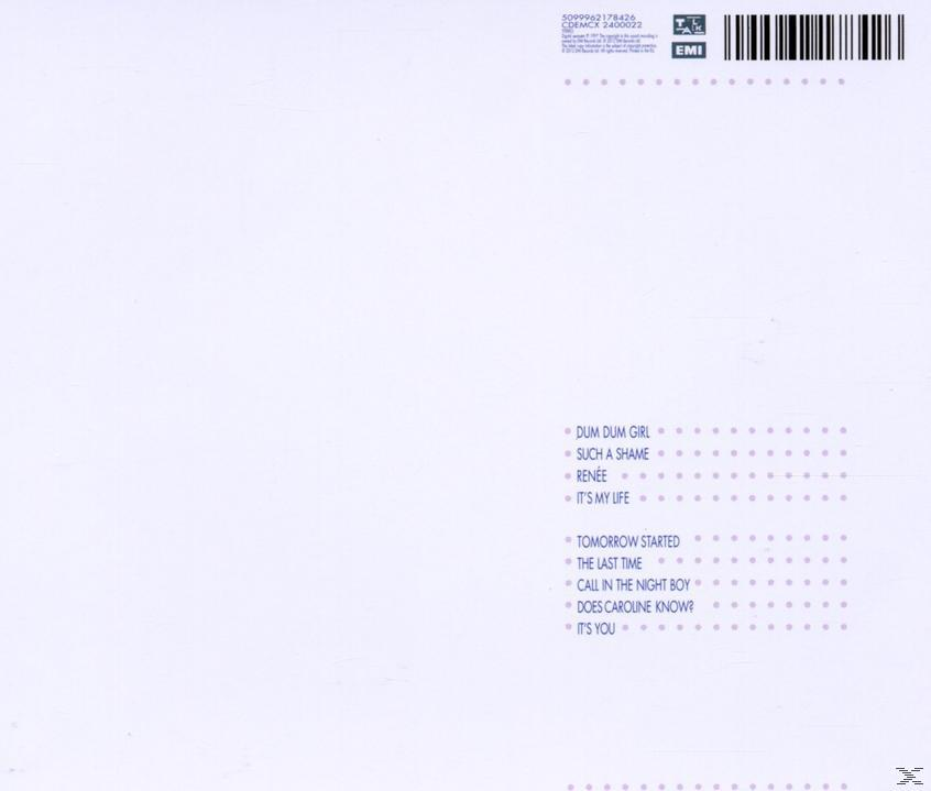 Weißes Albumcover mit lila Punkten und Songtiteln.