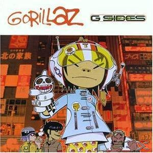 Album borító: Gorillaz G Sides. Rajzfilmfigura koponyát tart. Városi háttér.