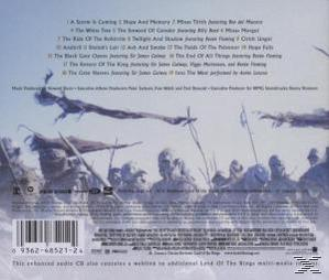 Album-Rückseite des Lord of the Rings-Soundtracks. Eine Kampfszene mit Text. Blauer Hintergrund.