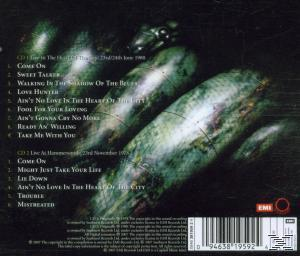 Albumrückseite mit Titelliste. Dunkler Hintergrund mit grünen Linien.