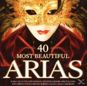 Albumcover mit goldener Maske mit Federn, über einer roten Jacke. Text: 40 Most Beautiful Arias.