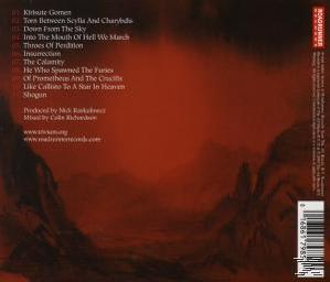 Album-Rückseite, roter Hintergrund, mit Text, der Songs auflistet.