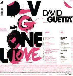 David Guetta album borító. Rózsaszín és fekete szöveg, a 'One Love' címmel.