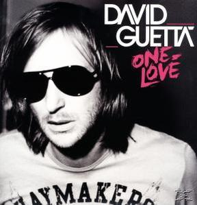 David Guetta album borító. Napszemüveg. Fekete háttér. 'One Love' rózsaszínnel. Hosszú hajú férfi.